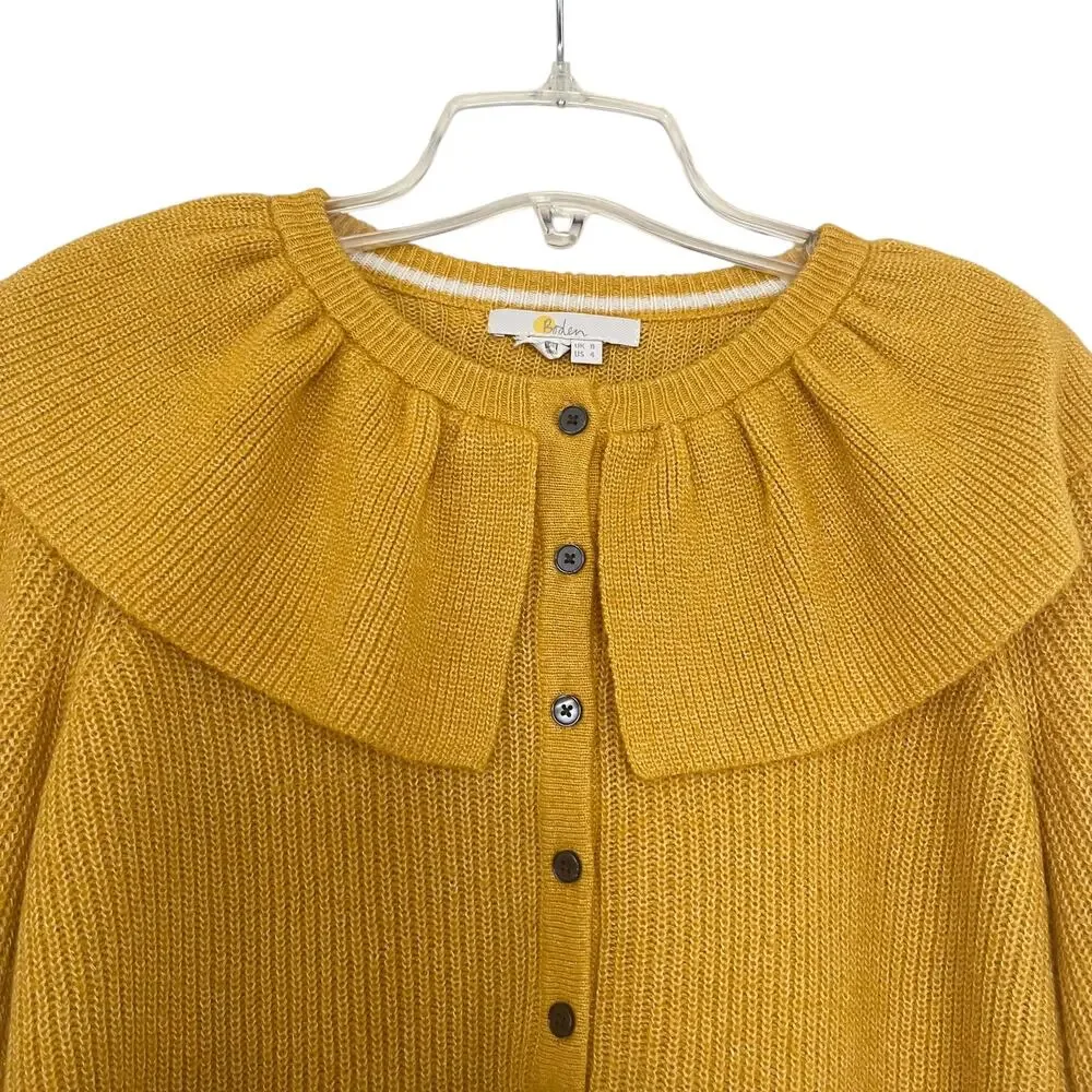Boden Frill Collar Mustard Yellow Button Front Long Sleeve Sweater Size 4